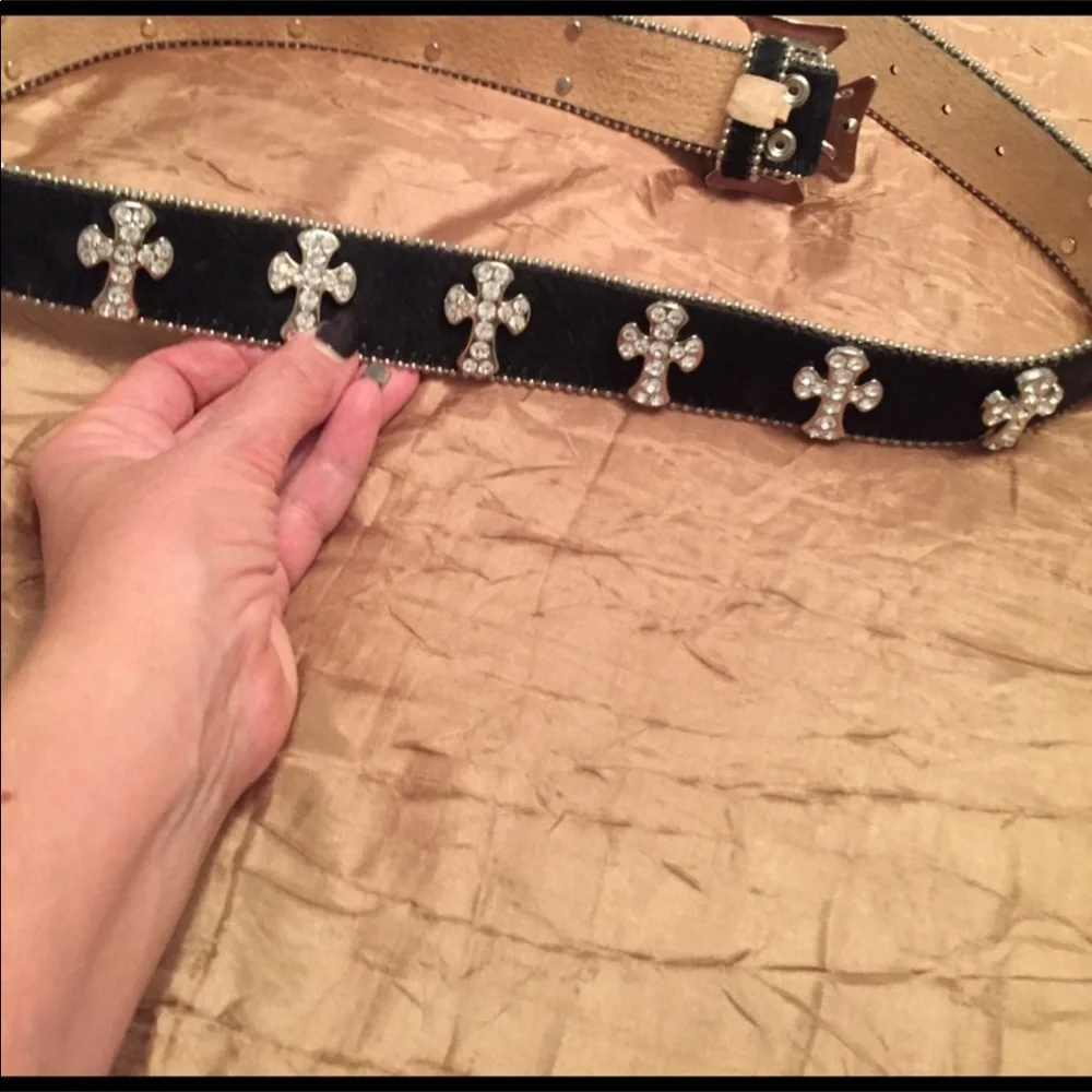 Black Cowhide Leather Belt With Silver And Crystal Cross Embellishments
